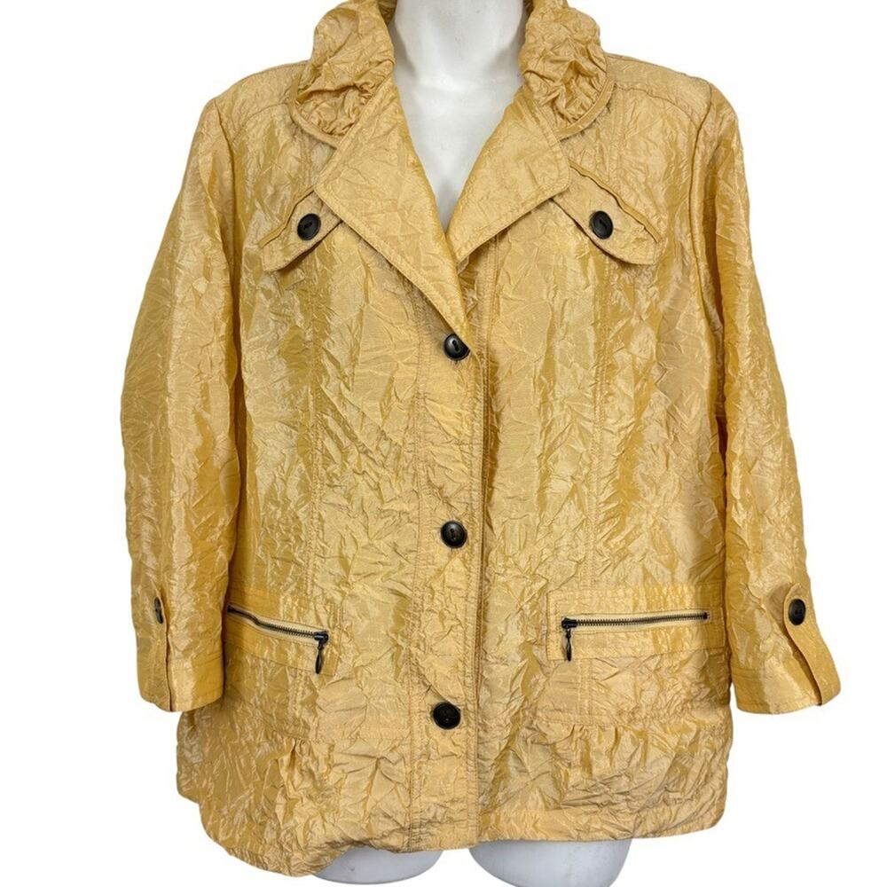 Chicos Womens Crinkle Sheen Yellow Lightweight Jacket 3/4 Sleeve Windbreaker 2 L